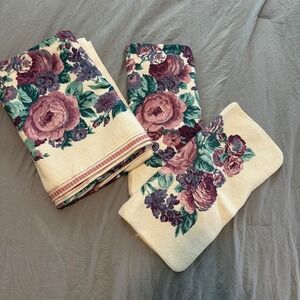 Vtg JCPenney Classic Traditions Tara Mulberry Floral 3pc Towel Set Cotton NWT